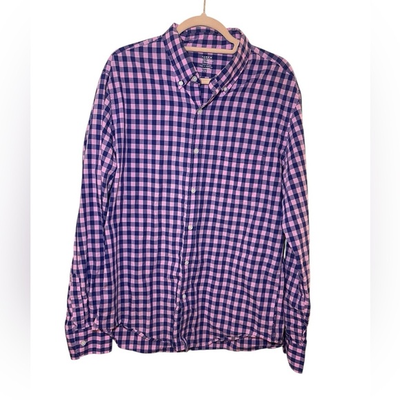 J Crew button down slim fit shirt gingham plaid preppy dusty peony Baltic blue L - Picture 1 of 8